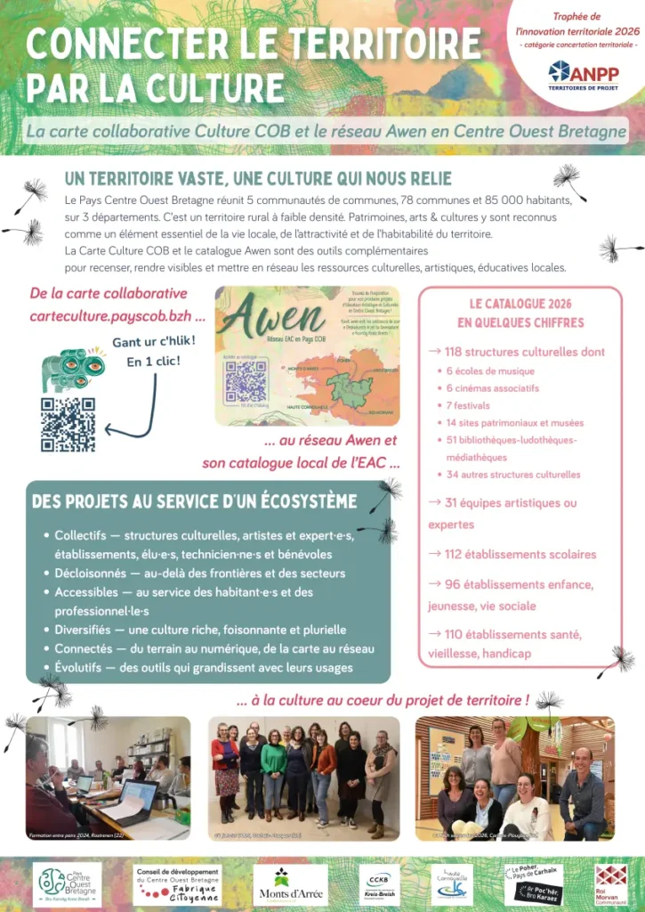 Poster de présentation du projet "Culture et réseau Awen", par le PETR DU PAYS CENTRE OUEST BRETAGNE", Lauréat du trophée de l'Innovation Territoriale 2026 décerné par ANPP - Territoire de projet, dans la catégorie CONCERTATION TERRITORIALE